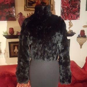 Bebe Black Rabbit Fur Crop Jacket sz S